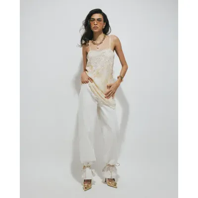 Cream Soft Check Lace Longline Cami