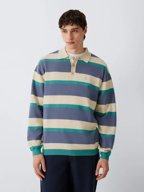 Parlez Pipe Cotton Regular Fit Long Sleeve Striped Polo Shirt, Purple Haze