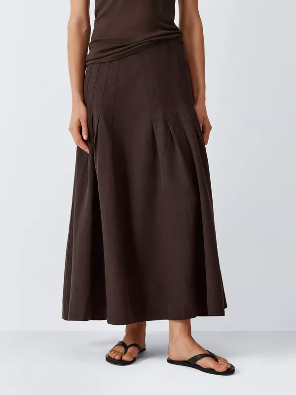 John Lewis Pleat Detail Midi Skirt, Chocolate
