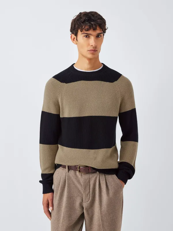 John Lewis Cotton Blend with Cashmere Crew Neck Striped Jumper, Black/Olivine