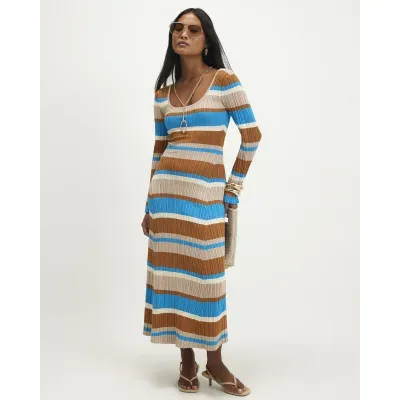 Petite Brown Stripe Long Sleeve Midi Dress