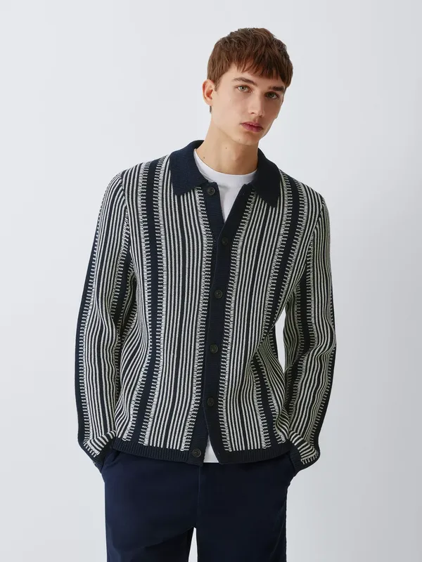 John Lewis Textured Stripe Cotton Knit Cardigan, Navy Blazer/Cream