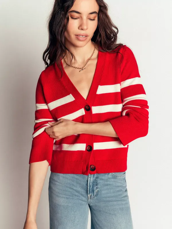 Boden Lucy Cotton Relaxed Cardigan, Red/Ivory