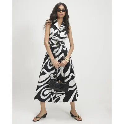 White Cotton Printed Belted Midi Shirt Dress