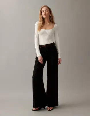 wide leg jean with crease front and belt in black