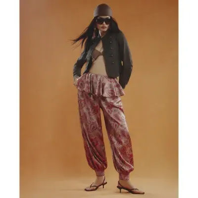 Red Paisley Satin Balloon Trousers