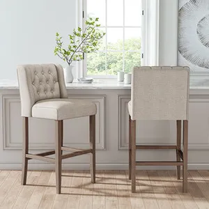 Set of 2 Linen Tufted Bar Stool with Wooden Legs - Beige