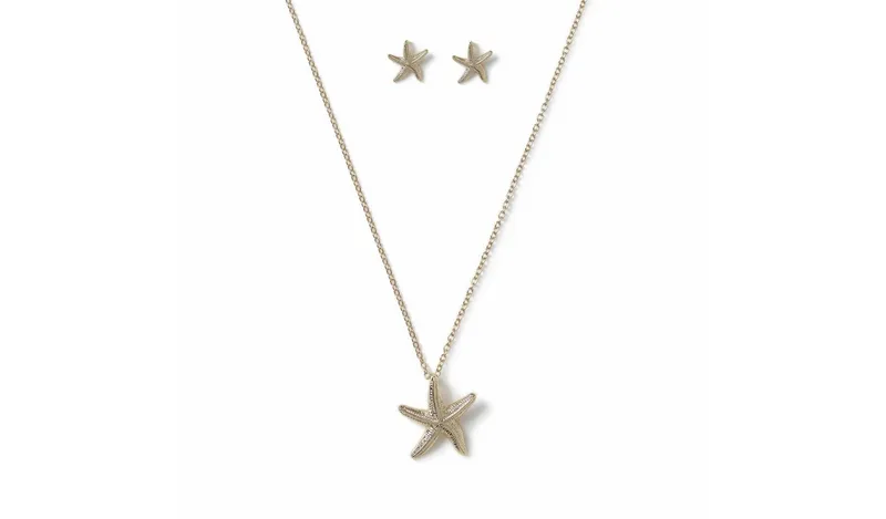 Flitzy Gold Tone Starfish Pendant Necklace and Stud Earrings