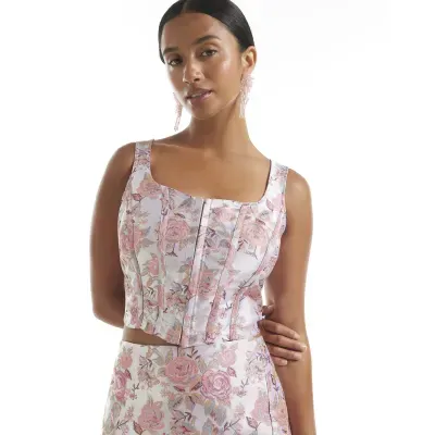 Petite Pink Floral Jacquard Corset Top