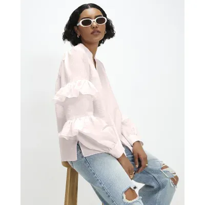 Pink Long Sleeve Ruffle Blouse