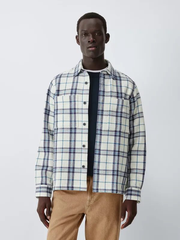 John Lewis Check Cotton Waffle Knit Shirt, Ecru/Blue