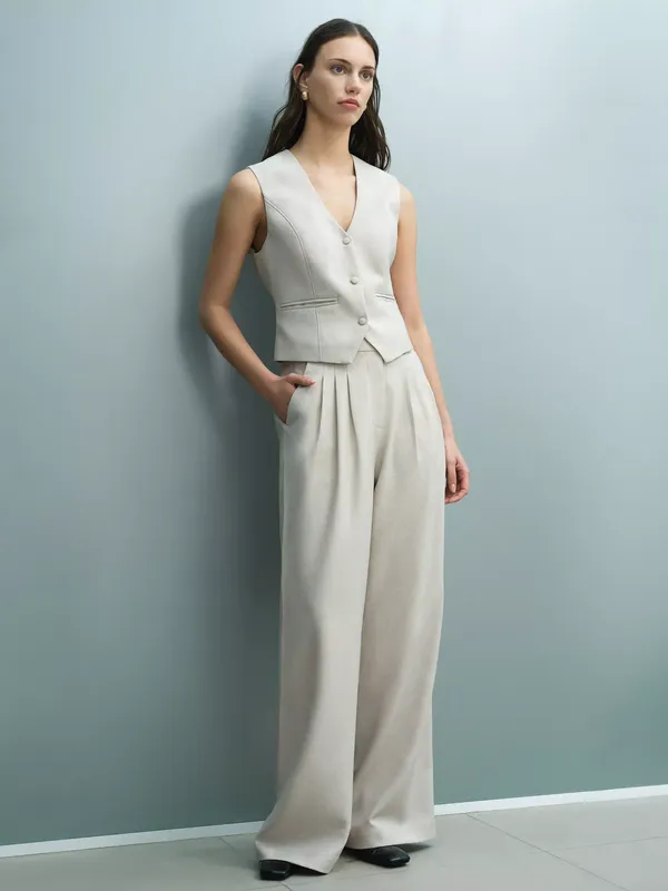 French Connection Misha Tailored Pleated Wide Leg Trousers, Stone Neutral