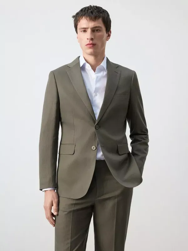 Mango Single Breasted Linen Blazer, Khaki