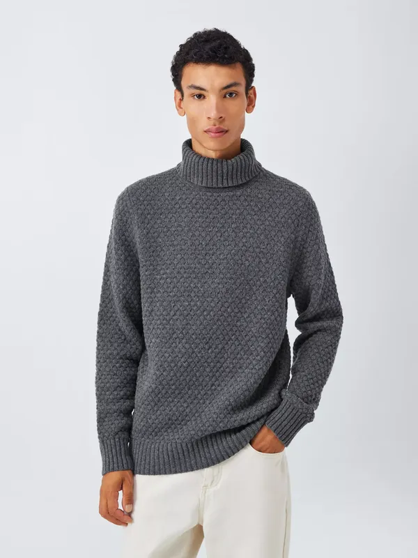 John Lewis Textured Stitch Roll Neck Jumper, Storm Grey