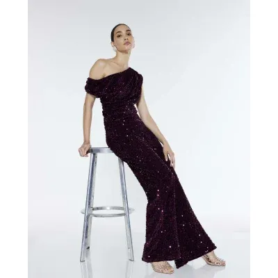 Red Pull On Velvet Sequin Trousers