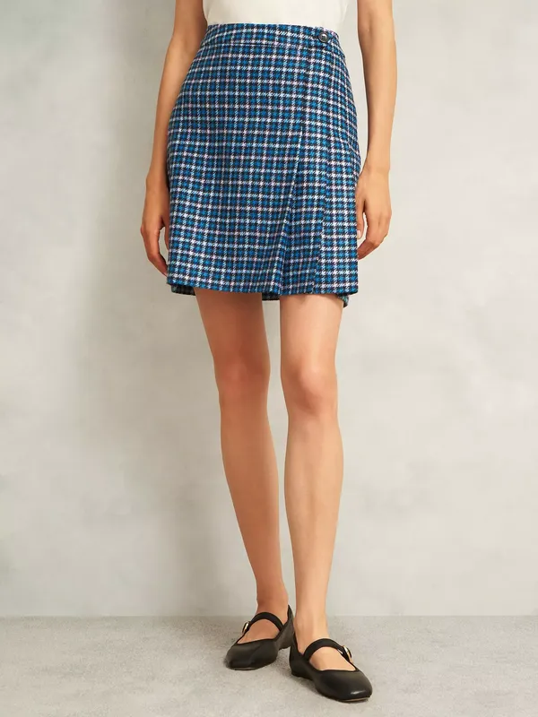 Hobbs Molly Check Pure Wool Kilt Skirt, Blue/Multi