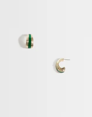 vintage-style small half-hoop studs with green resin detail in gold tone