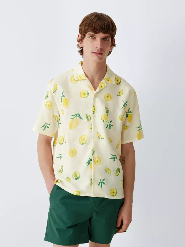 John Lewis Resort Linen Blend Lemon Revere Collar Short Sleeve Shirt, White