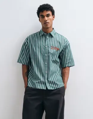 boxy oversized stripe shirt with chest embroidery in green