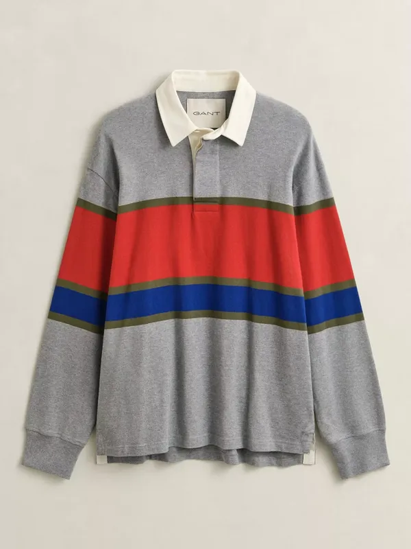 GANT Block Stripe Cotton Rugby Shirt, Grey Melange