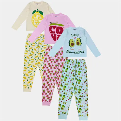 Star Kids' 3 Pack  Cotton Fruit & Animal Print Long Sleeve Pyjama Set