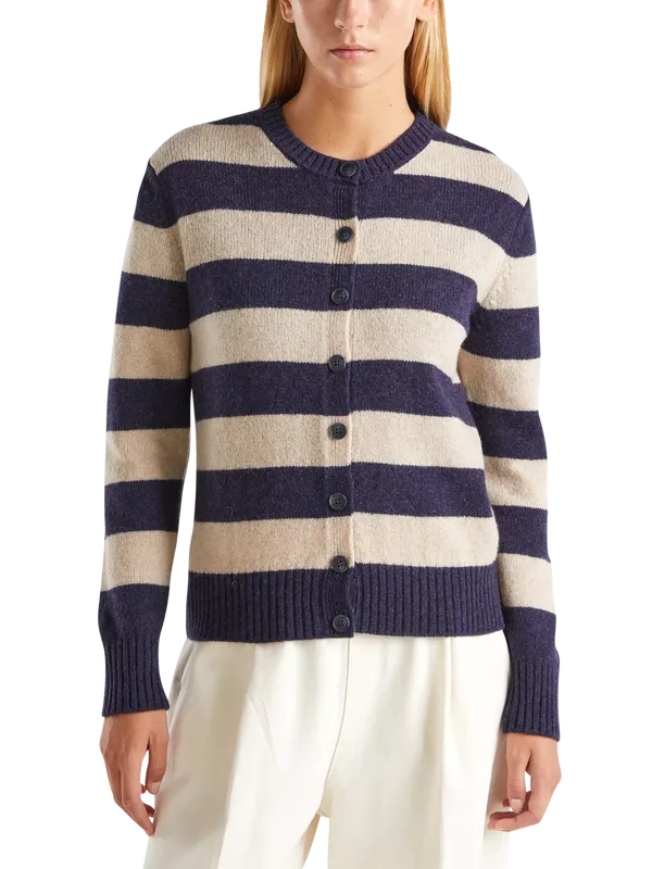 Benetton Korean Stripe Pure Wool Cardigan, Blue