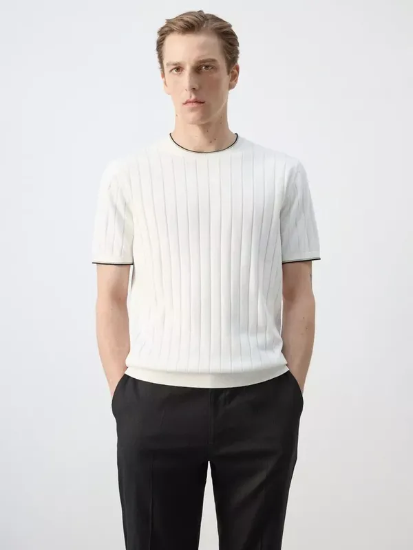 Mango Short Sleeve Crew Neck Ribbed Cotton Knit Top