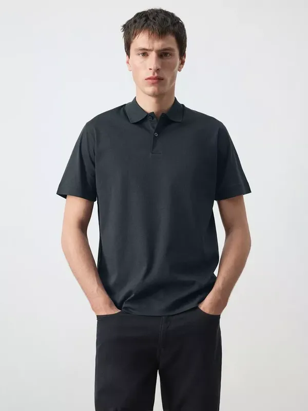 Mango Two Button Collar Regular Fit Cotton Polo Shirt, Navy