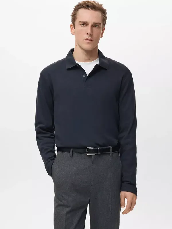 Mango Gareth Cotton Regular Fit Long Sleeve Polo Shirt, Navy