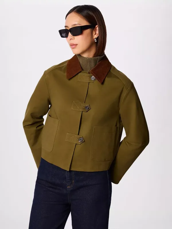 Whistles Corduroy Collar Barn Jacket, Khaki
