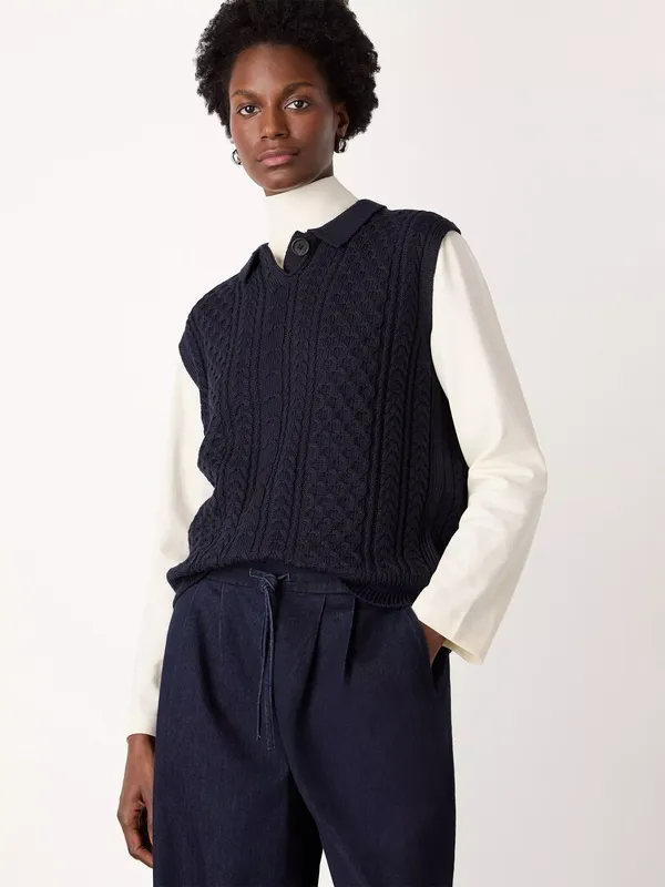 Whistles Cable Detail Wool Rich Tank Top, Navy