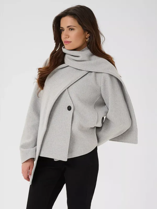 KAFFE Scarlett Scarf Detail Wool Blend Jacket, Light Grey Melange