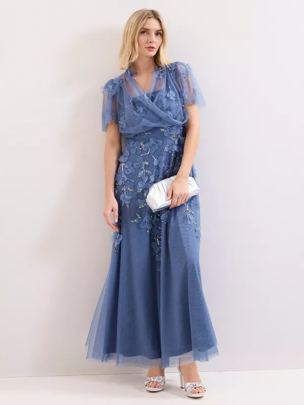 Phase Eight Petite Azera Embellished Maxi Dress, Blue