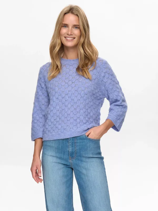 Numph Riette Leaf Pointelle Knit Wool Rich Jumper, Light Blue