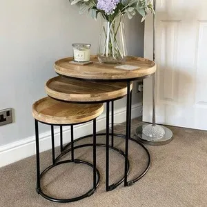 Round Nest Of Three 3 Tables End Lamp Light Solid Mango Wooden - Brown