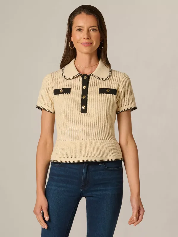 Adrianna Papell Flounce Polo Sweater, Cream/Black