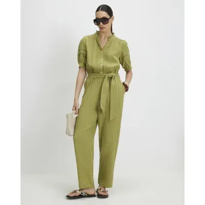 Green Cotton Textured Jumpsuit