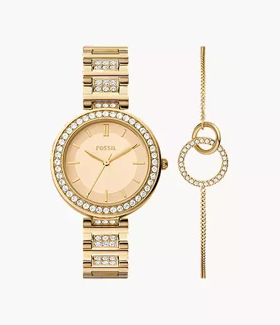 Fossil Karli 32 mm Three-Hand Gold-Tone Watch and Bracelet Set