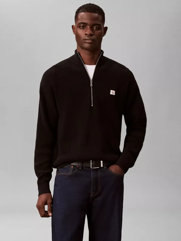 Calvin Klein Quarter-Zip Waffle Textured Jumper, Black