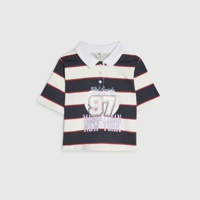 Girls Navy Diamante 97 Stripe Polo Top