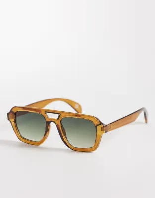 angular aviator sunglasses in crystal brown with green lens