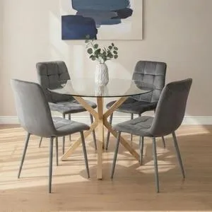 Round Glass Dining Table Set With 4 grey velvet Chairs Dining Room Furniture - Neutral