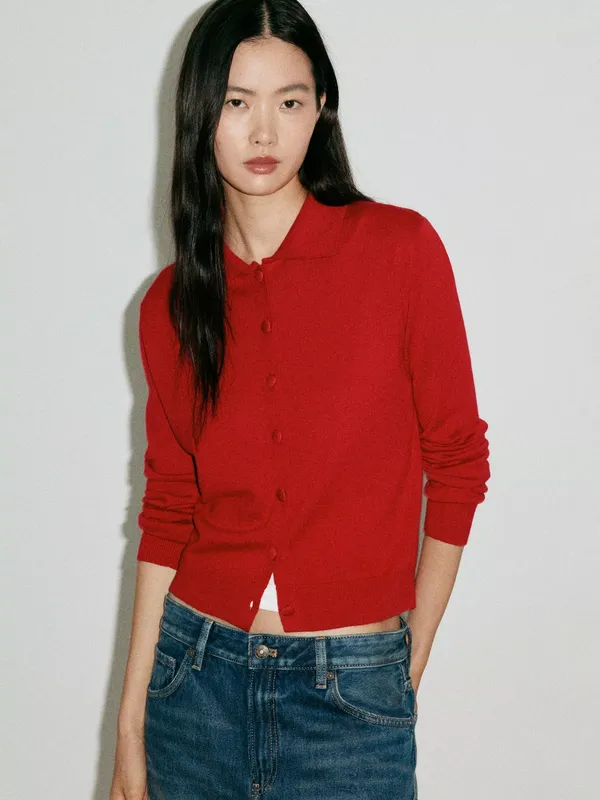 Mango Button-Front Collard Knit Cardigan, Red