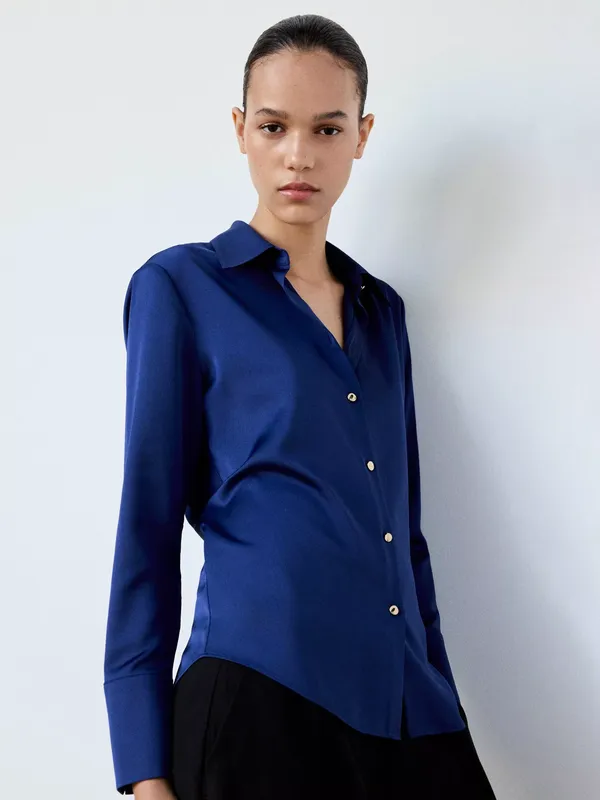 Mango Collared Long Sleeve Satin Effect Shirt, Blue