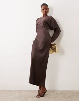 satin batwing maxi dress in chocolate