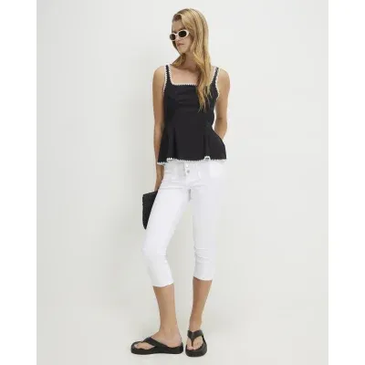 Black Poplin Whipstitch Trim Peplum Top