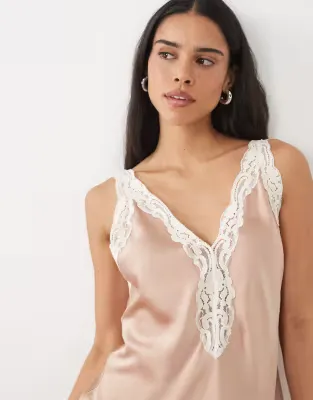 satin vest top with lace trim in pastel pink
