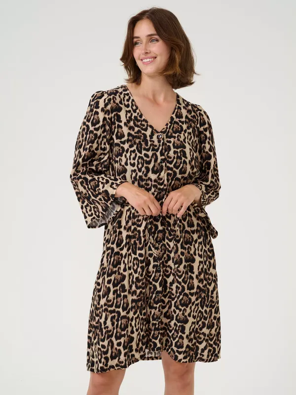 KAFFE Pedra Leopard Print Knee Length Dress, Beige