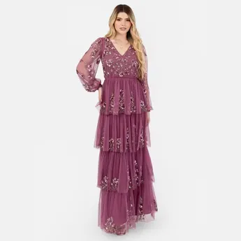 Maya Deluxe Maya Purple Embellished Maxi Sleeve Tiered Maxi Dress