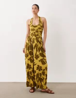 crinkle halter neck midi dress in green floral print